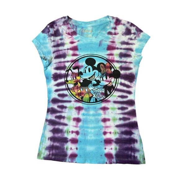 Disney Mickey Minnie Custom Tie Dye Fitted T-Shirt Purple Teal Size Med Hippie - Picture 1 of 6